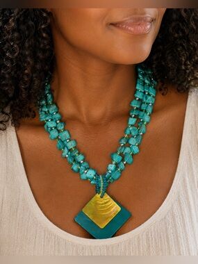 BOGO Coldwater Creek Turquoise Beaded Statement Necklace with Geo Pendant